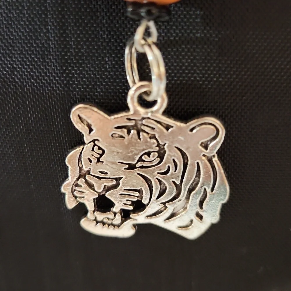 Hand Crafted Tiger Purse Charm Keychain Black Orange Beads Antique Silver Tiger